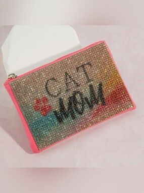 Pink Crystal 'Cat Mom' Zip Pouch